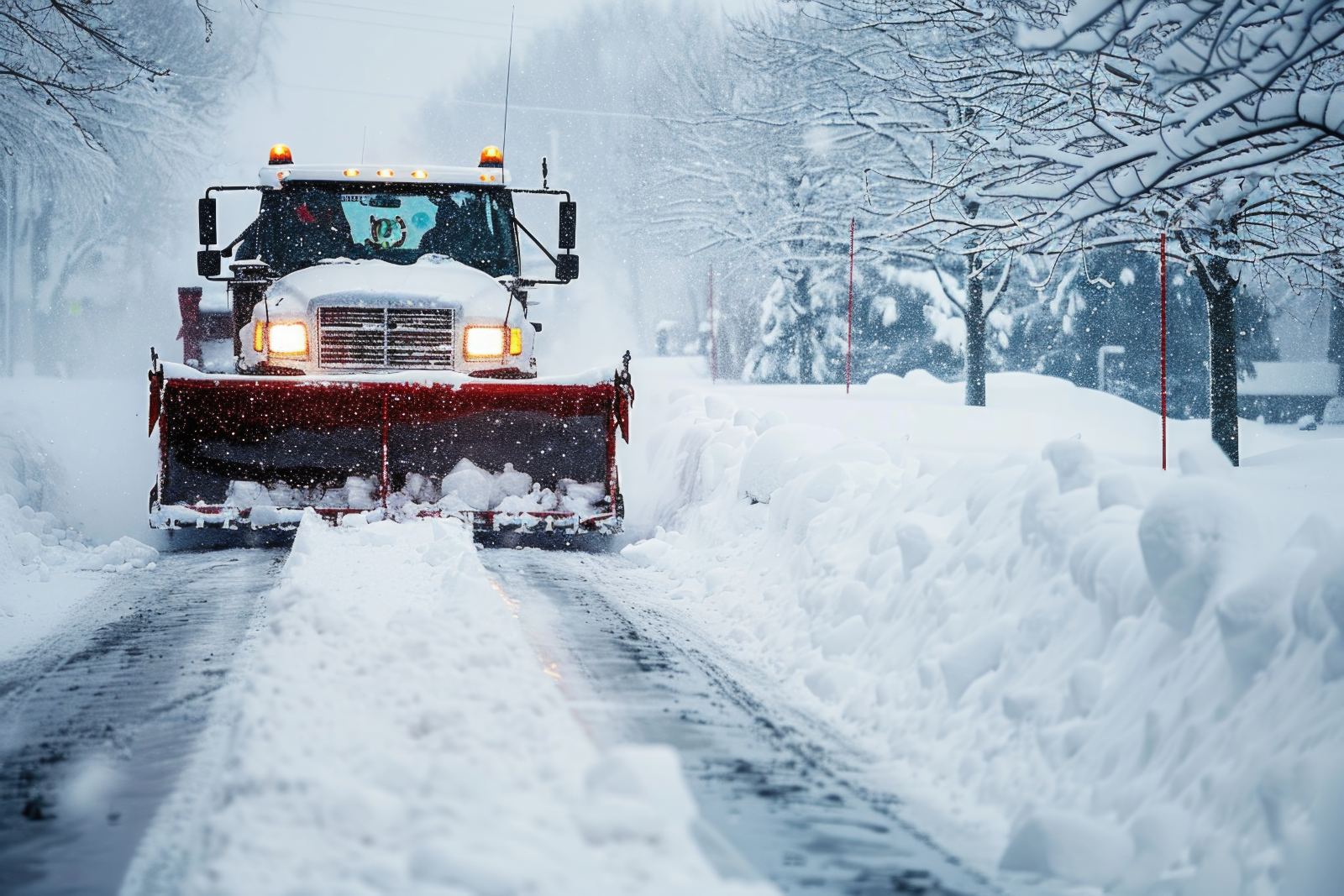Plow truck clearing a road during heavy snowfall